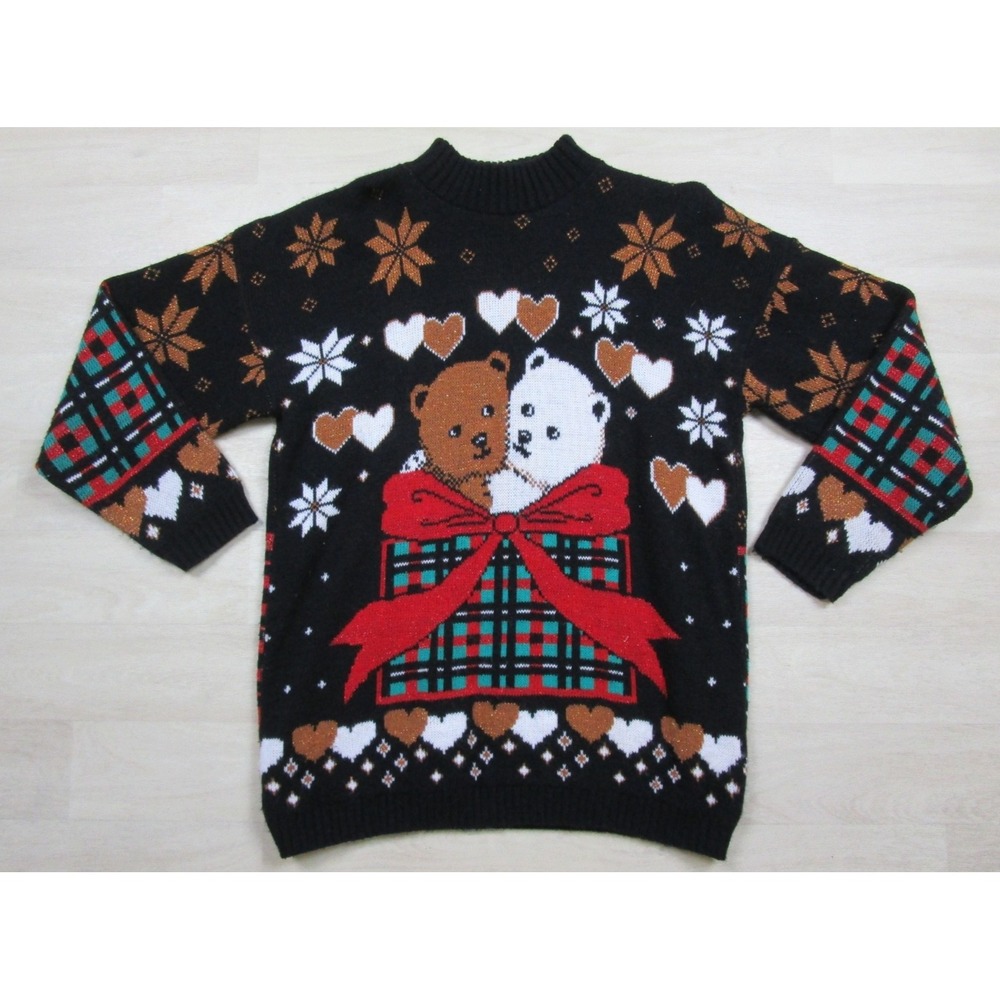 Vintage 80s Dana Scott Christmas Sweater Women's (M) Teddy Bear Mock Neck